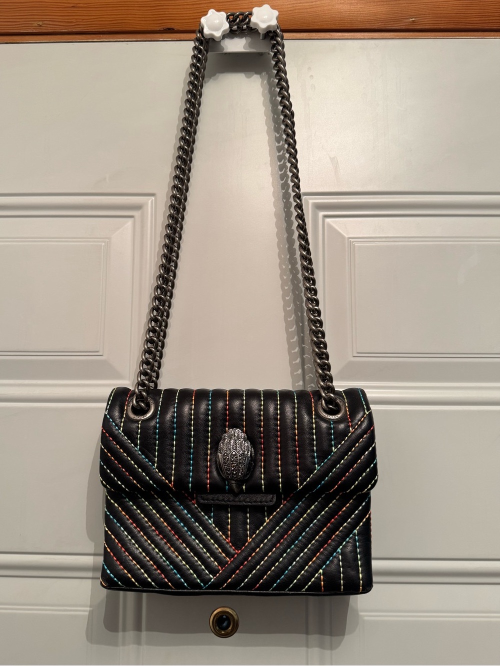 Kurt Geiger Kensington Quilted Black Leather Shoulder Bag with Rainbow Stitching